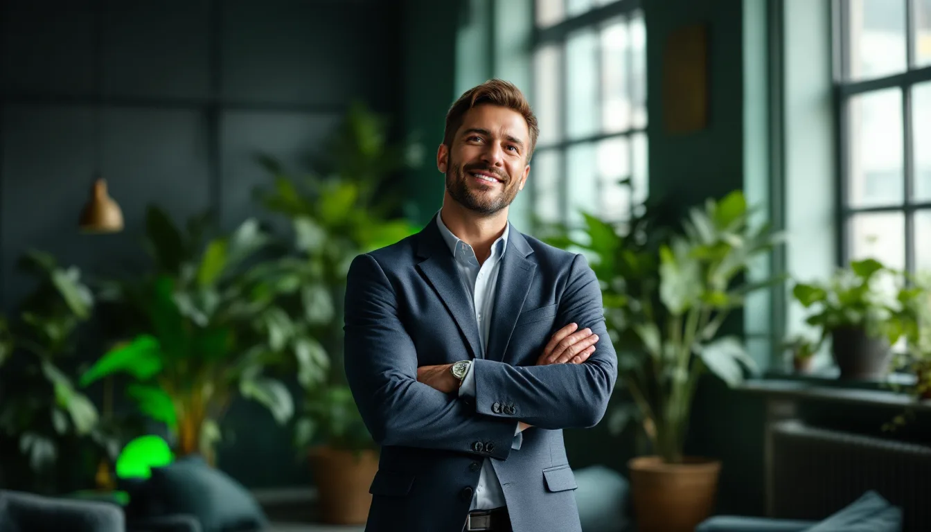 The coach standing in a bright, plant-filled studio office
