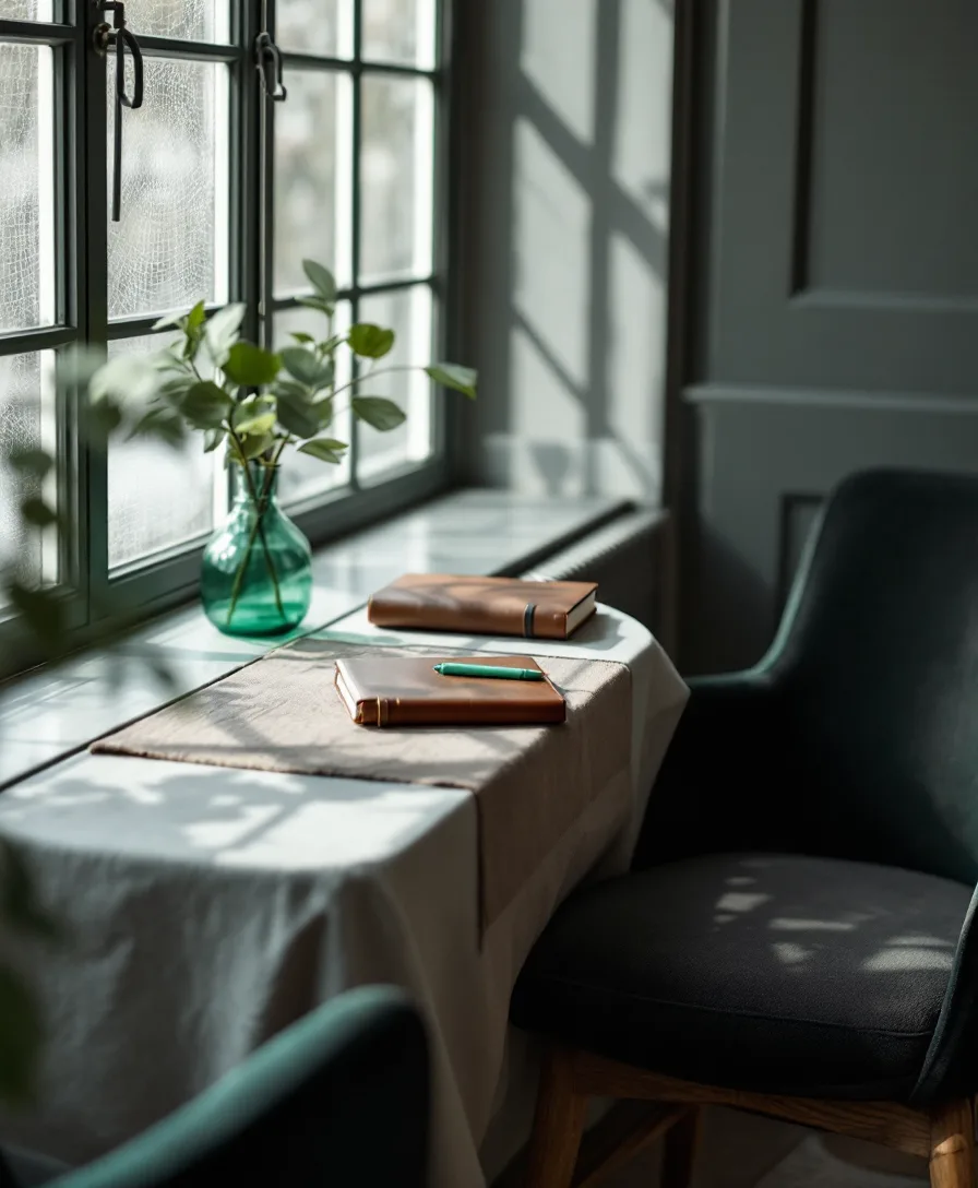 A quiet coaching studio corner with a notebook, two chairs and soft morning light